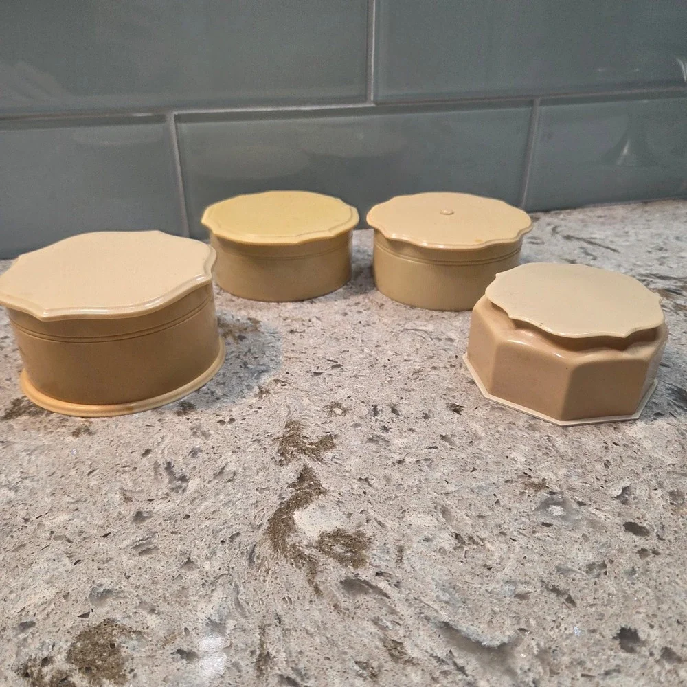 Vintage Fairfax Celluloid Vanity Boxes Cream Scalloped Art Deco Dresser Jars 4pc